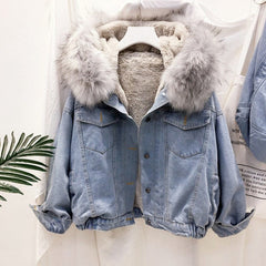 2019 velvet thick denim jacket female winter big faux fur collar Korea denim coat female student short coat