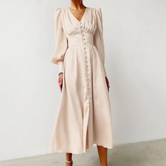 OOTN White Single Breasted Elegant Dress For Women Party Robe High Waist Satin Long Dress Chic Midi Dresses Lantern Sleeve 2022