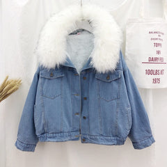 2019 velvet thick denim jacket female winter big faux fur collar Korea denim coat female student short coat