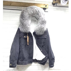 2019 velvet thick denim jacket female winter big faux fur collar Korea denim coat female student short coat