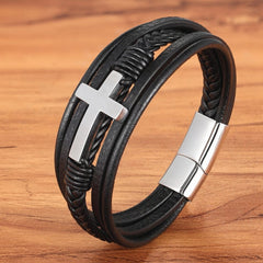 TYO Classic Style Cross Men Bracelet Multi-Layer Stainless Steel Leather Bangles Magnetic Clasp For Friend Fashion Jewelry Gift