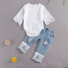 lioraitiin New 0-24M Baby Girls Fall Clothes Long Sleeve Lace Romper Suit Triangle Crotch Lace Top Hole Long Jeans 2Pcs Outfit