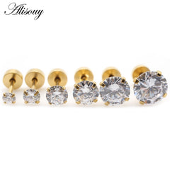Alisouy 2pcs Stainless steel Unisex Women Men Round Crystal Zircon Ear Studs Earrings 4 Prong Tragus Cartilage Piercing Jewelry