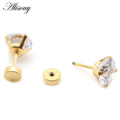 Alisouy 2pcs Stainless steel Unisex Women Men Round Crystal Zircon Ear Studs Earrings 4 Prong Tragus Cartilage Piercing Jewelry
