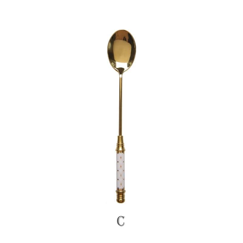 Stainless Steel Dessert Spoon Ceramic Long Handle Icecream Spoon Teaspoon Gold Coffee Cake Fruit Milk Spoon Kitchen Tableware - Wowza
