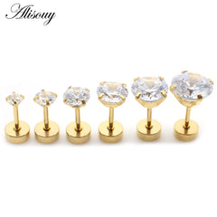Alisouy 2pcs Stainless steel Unisex Women Men Round Crystal Zircon Ear Studs Earrings 4 Prong Tragus Cartilage Piercing Jewelry