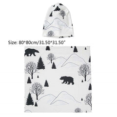 2Pcs Newborn Baby Printing Receiving Blanket Hat Set Infants Swaddle Wrap Sleeping Bag Hair Band Kit
