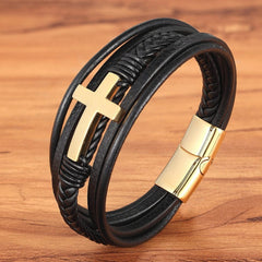 TYO Classic Style Cross Men Bracelet Multi-Layer Stainless Steel Leather Bangles Magnetic Clasp For Friend Fashion Jewelry Gift