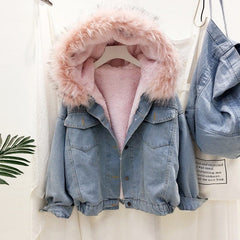 2019 velvet thick denim jacket female winter big faux fur collar Korea denim coat female student short coat