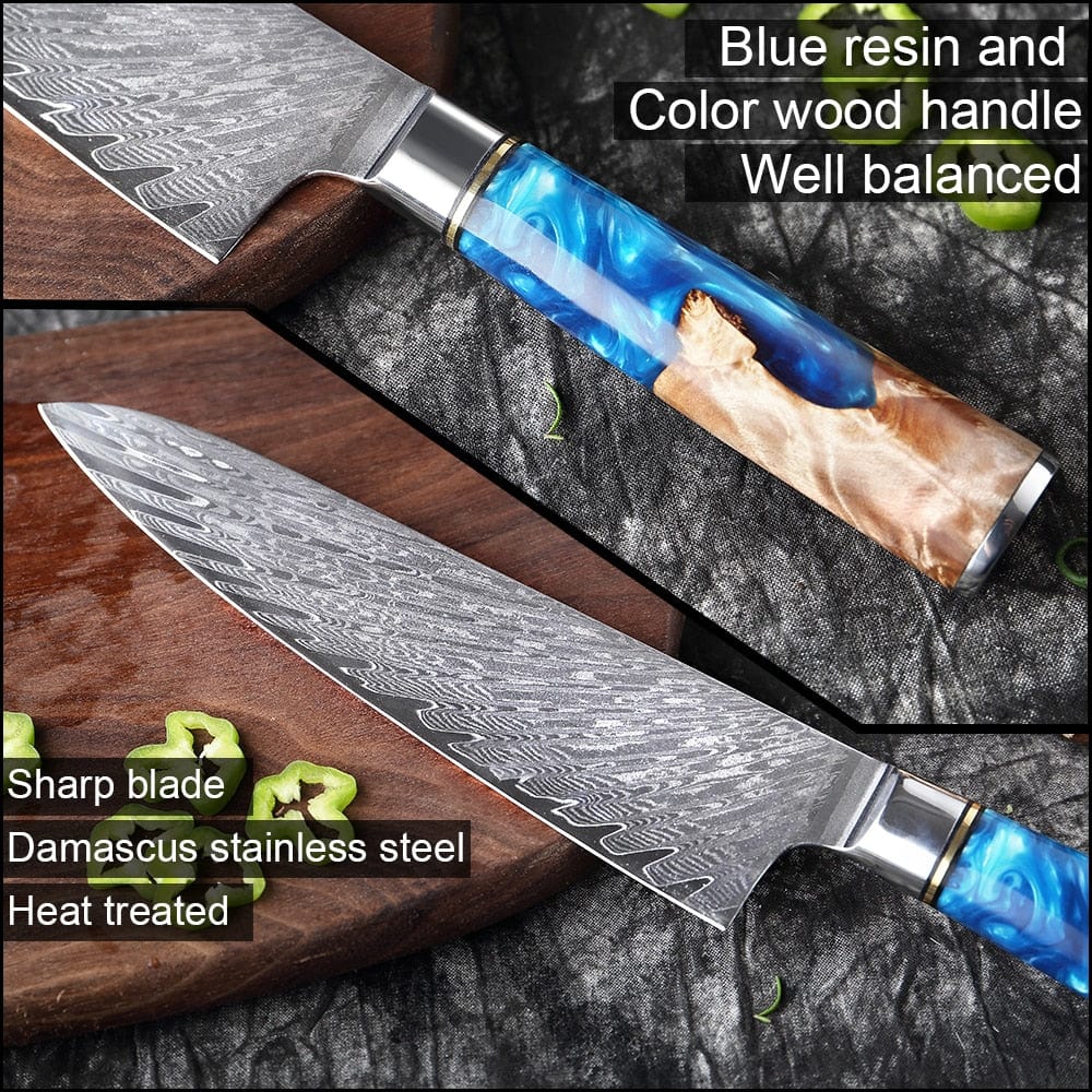 XITUO Kitchen Knives-Set Damascus Steel Chef Knife Cleaver Paring Utility Bread Knife Cooking Tool Blue Resin Handle 1-6Pcs/Set - Wowza