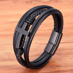 TYO Classic Style Cross Men Bracelet Multi-Layer Stainless Steel Leather Bangles Magnetic Clasp For Friend Fashion Jewelry Gift