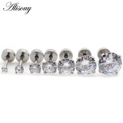 Alisouy 2pcs Stainless steel Unisex Women Men Round Crystal Zircon Ear Studs Earrings 4 Prong Tragus Cartilage Piercing Jewelry