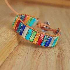 Natural Stone Handmade Multi Color Chakra Bracelet Jewelry Tube Beads Leather Wrap Bracelet Creative Gifts Couples Bracelets