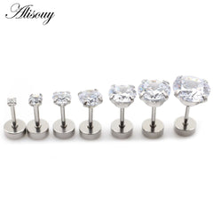 Alisouy 2pcs Stainless steel Unisex Women Men Round Crystal Zircon Ear Studs Earrings 4 Prong Tragus Cartilage Piercing Jewelry