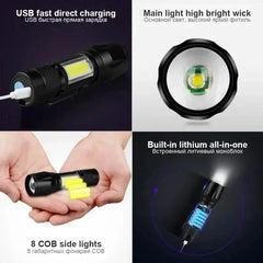USB Rechargeable Mini Flashlight COB+XPE Portable Built-in Battery Zoomable Small Torch 3 Mode Camping Emergency Flashlights