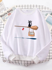 Cute Cat Not In Service Print Hoodies Women Casual Crewneck Sportswear Fleece Warm Fleece Sweatshirt Loose Hoody Autumn Clothes