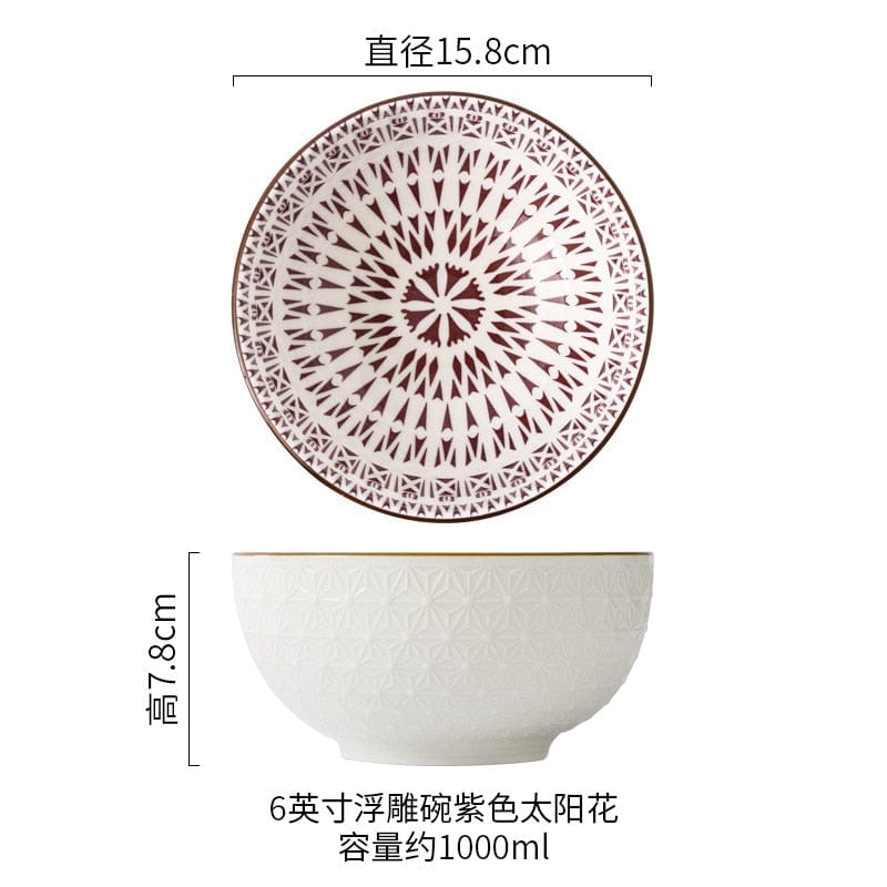Nordic Style 6-inch Soup Bowl Underglaze Ceramic Tableware Household Instant Noodle Restaurant Simple Creative Embossed Ramen - Wowza