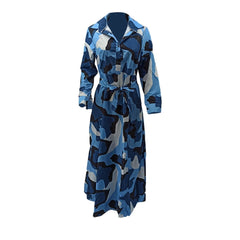 Spring Fall Camouflage Long Dresses Women Long Sleeve Slim Maxi Floor Length Dress Causal Turn-Down Collar Button Up Shirt Dress