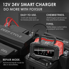 Battery Charger 12V/24V Smart Charger Lithium AGM GEL Lead-Acid LiFePO4 Battery Chargers