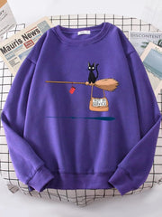 Cute Cat Not In Service Print Hoodies Women Casual Crewneck Sportswear Fleece Warm Fleece Sweatshirt Loose Hoody Autumn Clothes