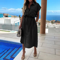 Celmia Elegant Dress 2023 Fashion Summer Women Lapel Party Dress Short Sleeve Casual Buttons Vintage High Waist Midi Vestidos