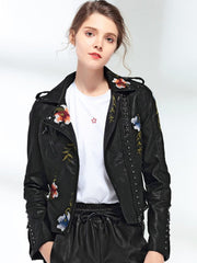 Ftlzz Women Floral Print Embroidery Faux Soft Leather Jacket Coat Turn-down Collar Casual Pu Motorcycle Black Punk Outerwear
