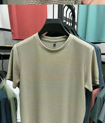 Summer Mesh Ice Silk T-shirt Men's Short Sleeve Round Neck 2023 New Half Sleeve Men Thin Solid Color Tees Top