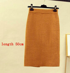 Mid-long Knitted Half-length Skirt Women's High waist One-step Skirt Autumn And Winter Hip Skirt Open-forked Elegant Skirts