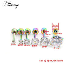 Alisouy 2pcs Stainless steel Unisex Women Men Round Crystal Zircon Ear Studs Earrings 4 Prong Tragus Cartilage Piercing Jewelry