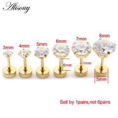 Alisouy 2pcs Stainless steel Unisex Women Men Round Crystal Zircon Ear Studs Earrings 4 Prong Tragus Cartilage Piercing Jewelry