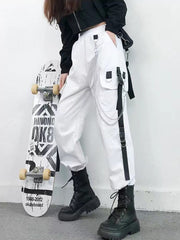 Women Cargo Pants Harem Pants Fashion Punk Pockets Jogger Trousers With Chain Harajuku Elastics High Waist Streetwear