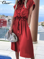 Celmia Elegant Dress 2023 Fashion Summer Women Lapel Party Dress Short Sleeve Casual Buttons Vintage High Waist Midi Vestidos