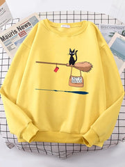 Cute Cat Not In Service Print Hoodies Women Casual Crewneck Sportswear Fleece Warm Fleece Sweatshirt Loose Hoody Autumn Clothes