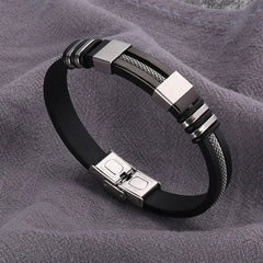 Stainless Steel Bracelets Men Wrist Band Black Grooved Rudder Silicone Mesh Link Insert Punk Wristband Casual Bangles