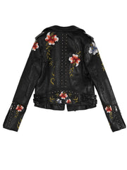 Ftlzz Women Floral Print Embroidery Faux Soft Leather Jacket Coat Turn-down Collar Casual Pu Motorcycle Black Punk Outerwear