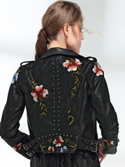 Ftlzz Women Floral Print Embroidery Faux Soft Leather Jacket Coat Turn-down Collar Casual Pu Motorcycle Black Punk Outerwear