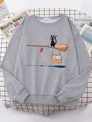 Cute Cat Not In Service Print Hoodies Women Casual Crewneck Sportswear Fleece Warm Fleece Sweatshirt Loose Hoody Autumn Clothes