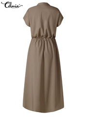 Celmia Elegant Dress 2023 Fashion Summer Women Lapel Party Dress Short Sleeve Casual Buttons Vintage High Waist Midi Vestidos