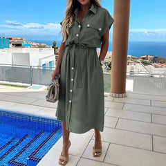 Celmia Elegant Dress 2023 Fashion Summer Women Lapel Party Dress Short Sleeve Casual Buttons Vintage High Waist Midi Vestidos
