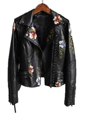 Ftlzz Women Floral Print Embroidery Faux Soft Leather Jacket Coat Turn-down Collar Casual Pu Motorcycle Black Punk Outerwear