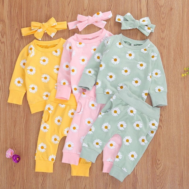 0-24M Toddler Newborn Infant Baby Girl Autumn Clothing Set Daisy Printed Cotton Top Long pants 2Pcs Outfits 3Colors - Wowza