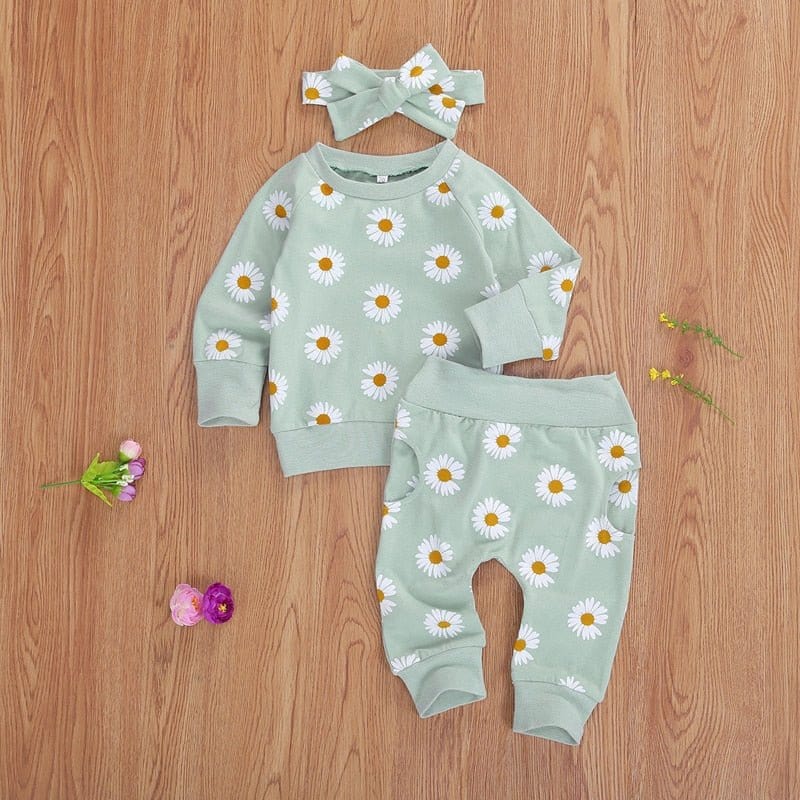 0-24M Toddler Newborn Infant Baby Girl Autumn Clothing Set Daisy Printed Cotton Top Long pants 2Pcs Outfits 3Colors - Wowza
