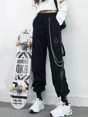 Women Cargo Pants Harem Pants Fashion Punk Pockets Jogger Trousers With Chain Harajuku Elastics High Waist Streetwear