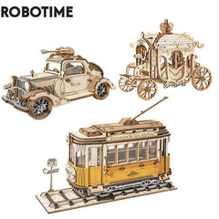 Robotime 3 Kinds DIY 3D Transportation Wooden Model Building Kits Vintage Car Tramcar Carriage Toy Gift for Children Adult