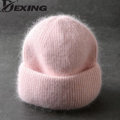 Rabbit Fur Beanies Soft Warm Fluffy Winter Hat for Women Angora Knitted Hat Skullies Beanies Female Bonnet Woman Knit Cap