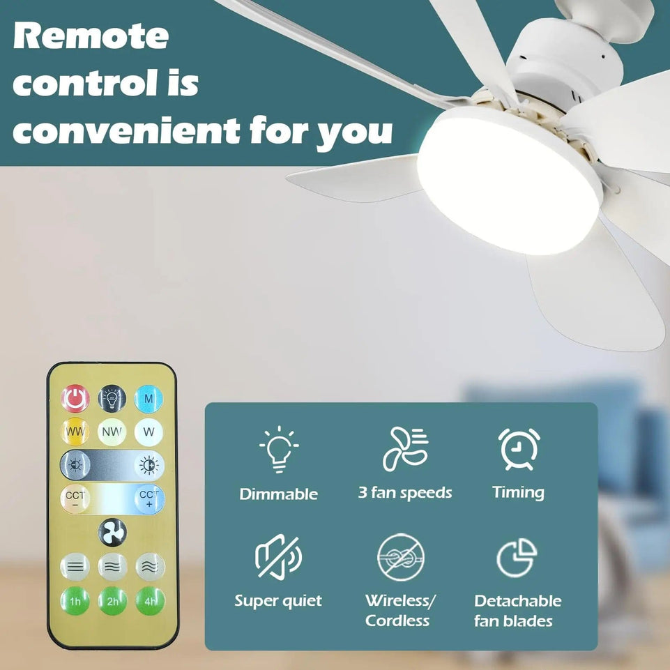 Ceiling fan with remote control LED light fan E27 base, 20.5-inch 40W intelligent silent ceiling fan for bedroom and living room