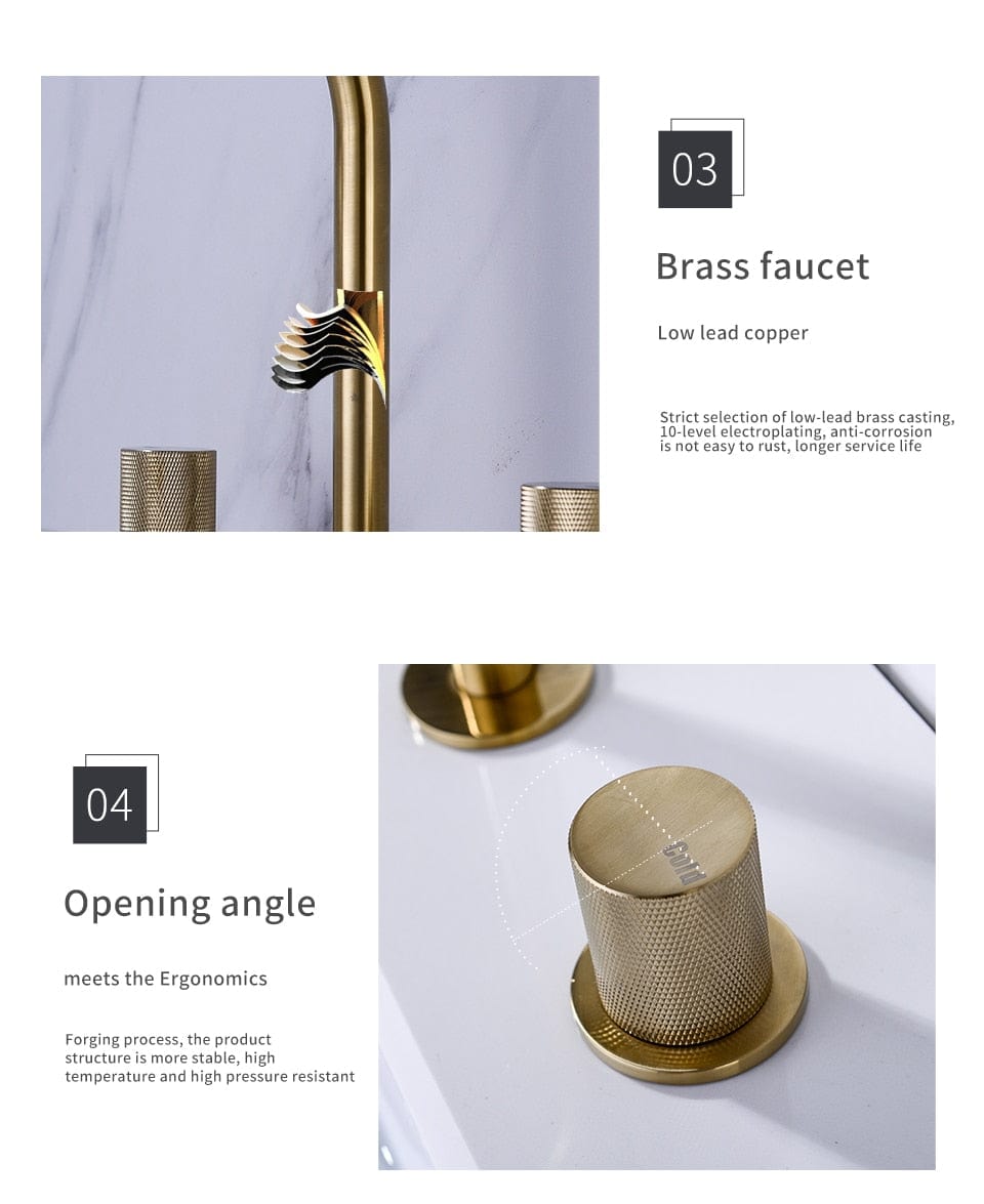 Basin Mixer Water Bathroom Sink Faucet Brushed Gold Brass Deck Mounted Dual Holder Three Hole Mixed Cold And Hot