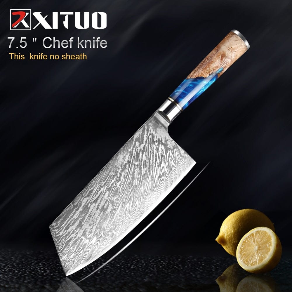 XITUO Kitchen Knives-Set Damascus Steel Chef Knife Cleaver Paring Utility Bread Knife Cooking Tool Blue Resin Handle 1-6Pcs/Set - Wowza