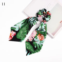 DIY Solid/Floral Print Bow Satin Long Ribbon Ponytail Scarf Hair Tie Scrunchies Women Girls Elastic Hair Bands Hair Accessories