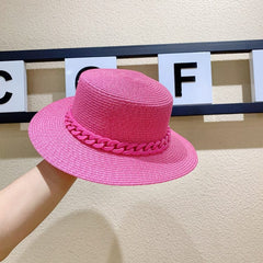 Macaron color straw hat sun hat flat top Korean fashion color chain with top hat acrylic beach hat candy color sun hat